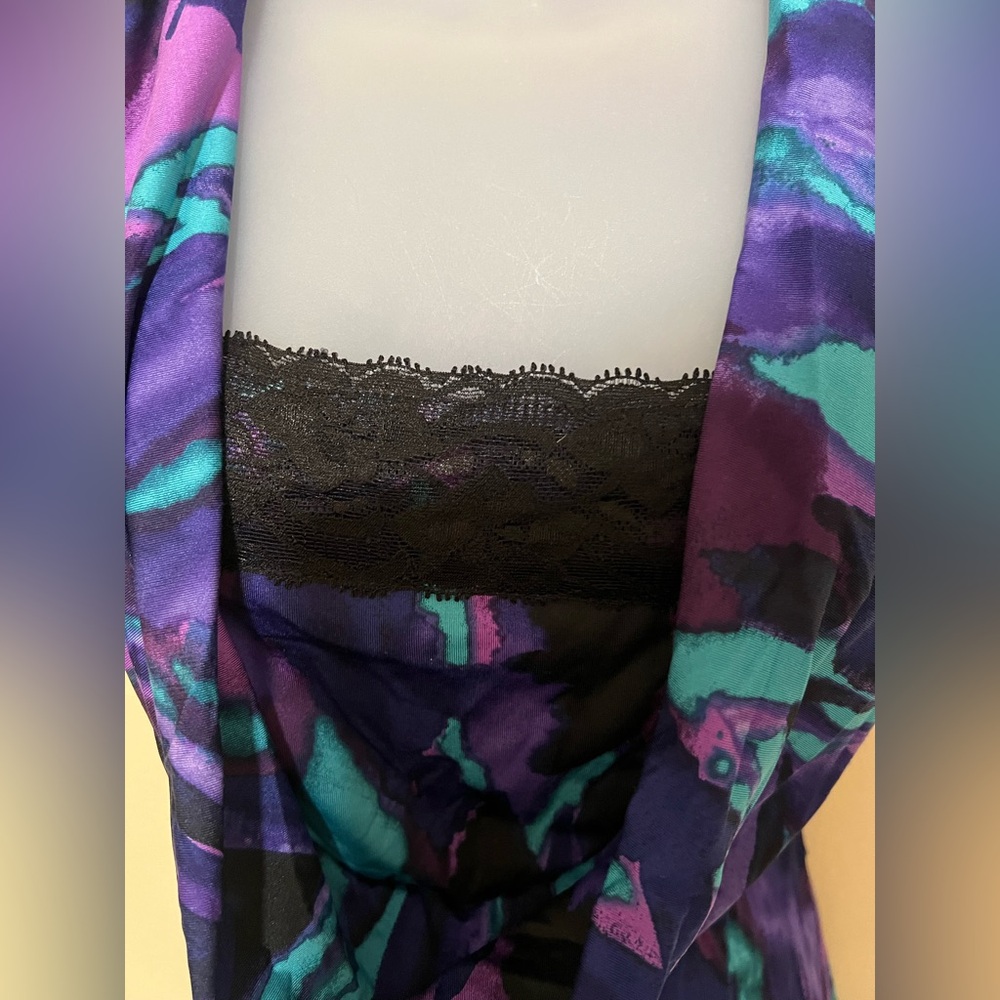Y2K Wrapper S Cowl Neck Abstract Blouse Short Sleeve Lace Purple Teal Grunge - Picture 3 of 10